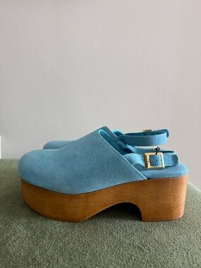 Light Blue Suede Platform Clog with Adjustable Strap